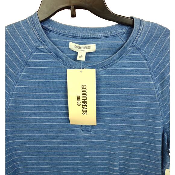 Goodthreads Soft Cotton Henley T Shirt Med Short Sleeve NWT Indigo Blue Stripes - Picture 2 of 7